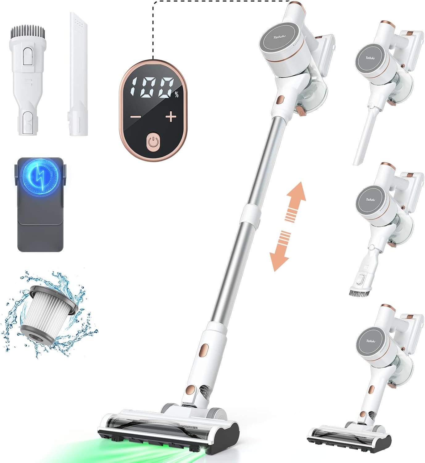 コードレス掃除機 軽量 60分連続稼働 LED液晶ディスプレイ 左右180上下90回転 500Ｗ サイクロン 2WAY 伸縮型パイプ 3段吸引力モード HEPA多重濾過 低騒音 着脱式バッテリー