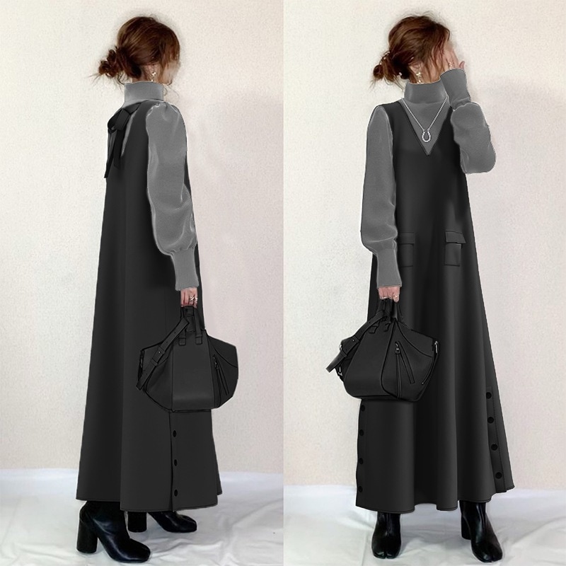 【輝いて超人気】 無地 ニットワンピース レイヤード / 重ね着風 レディース 大人可愛い 長袖 ハイネック ストレートスカート シンプル 秋冬