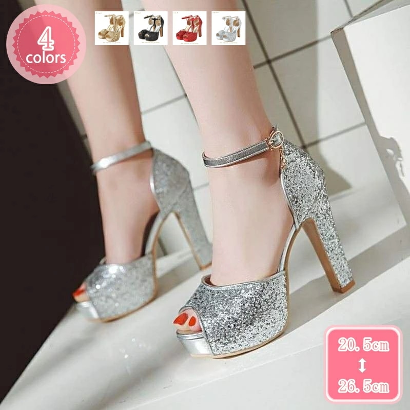 777円OFFクーポン アンクルストラップ サンダル レディース 厚底 キラキラ 歩きやすい セクシー スパンコール オープントゥ 美脚 可愛い足元 チャンキーヒール 13CM 結婚式 イベント プラ