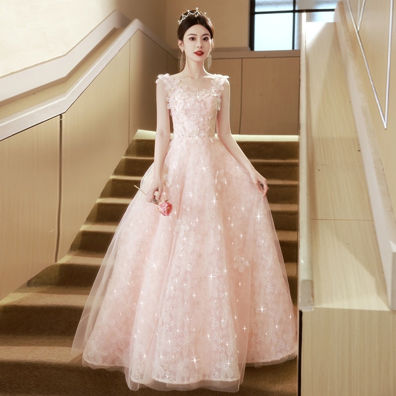 ピンクフォレストフラワーイブニングドレス婚約結婚式乾杯ドレスホスティングパフォーマンスドレス卒業ドレスロングドレス