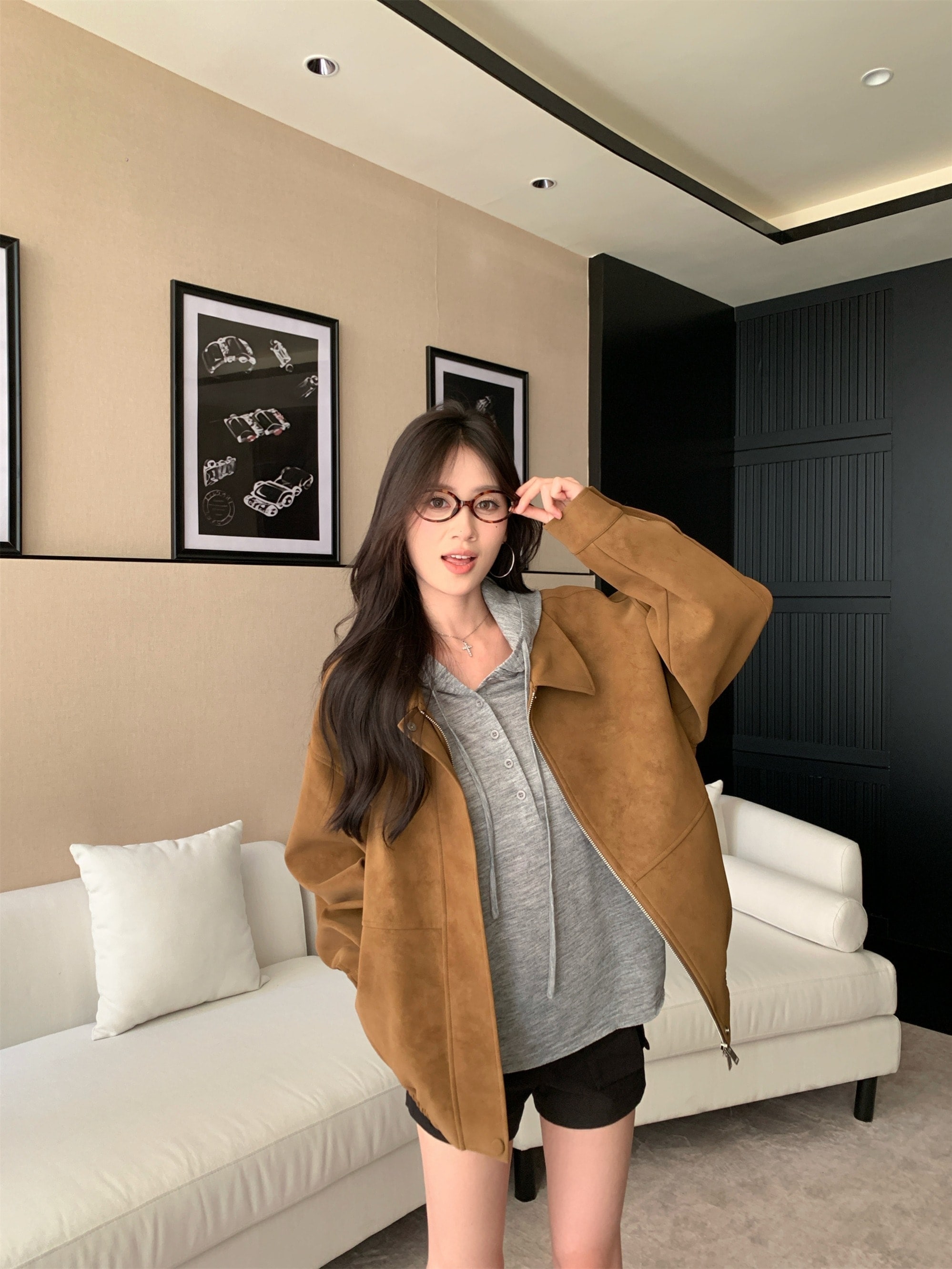 韓国っぽ スエード調 スウェード アウター かわいい レディー ブルゾンお出かけ 長袖セクシーシルエットススタンドネック トップスフェイクカジュアルファッション系サイズフル