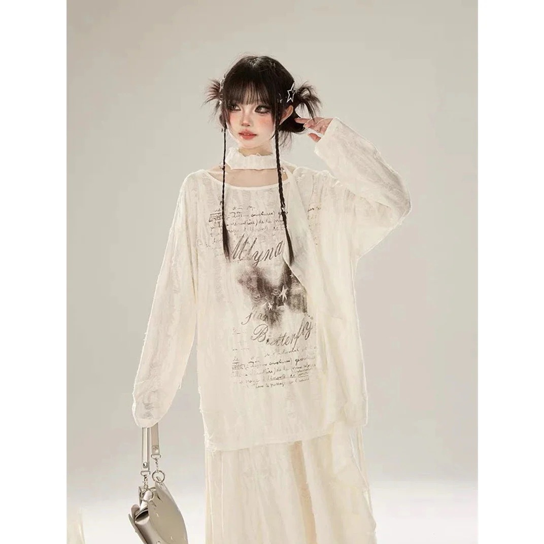 セットアップ 新作蝶プリントカジュアルルーズ穴開き長袖Tシャツ＋半そでスカート2点セット