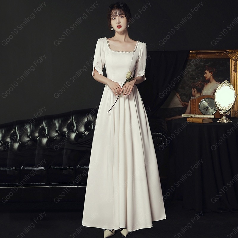 【新品追加】【最安値挑戦】 二次会花嫁白ロングワンピースウェディングドレス二次会ブライダルパーティーミモレ丈カジュアル海挙式発表会エンパイア大人きれいめお呼ばれ服-70