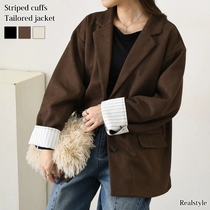 ストライプカフスフェイクスエードテーラードジャケット レディース アウター 羽織り 上着 ゆったり 大きめ 春 秋 冬 長袖 おしゃれ フォーマル オケージョン きれいめ オフィス カジ