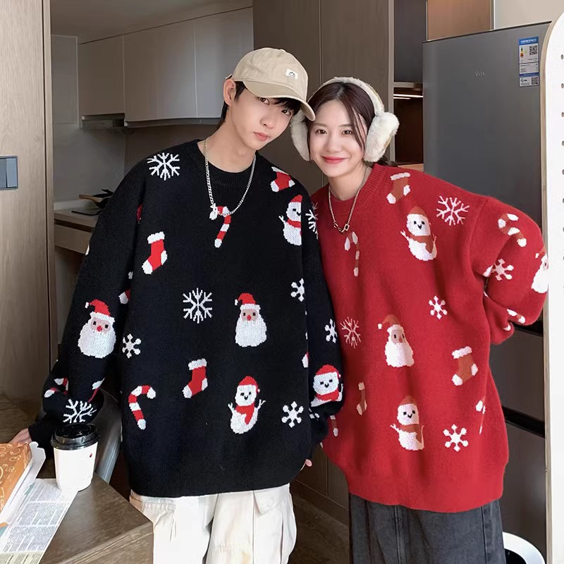 クリスマスセーター漫画ジャカード秋と冬ラウンドネックセーター男性と女性サンタクロース緩い底シャツカップル着用
