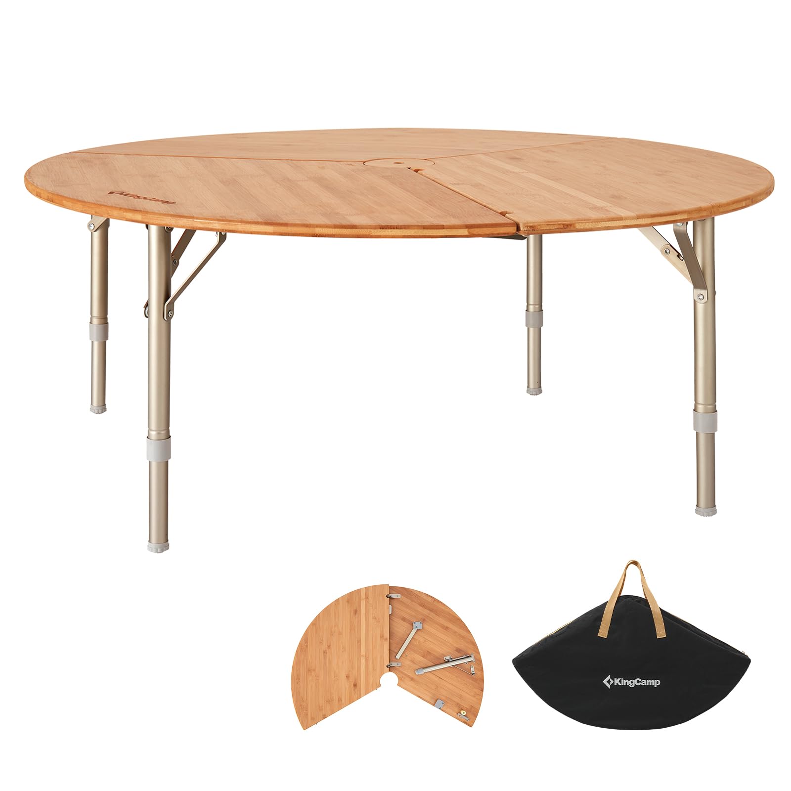 KingCamp アウトドア テーブル ワンポールテントテーブル 丸テーブル 高さ調整可能 3折 竹製 キャンプ 折りたたみ ローテーブル コンパクト 収納袋付き 幅95cm 4~6人用アウトドアテー