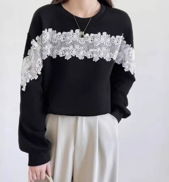 レディース トップス プルオーバー トレーナー スウェット 長袖 ラウンドネック 襟なし ノーカラー 切り替え ドッキング フェミニン レース 切り替えデザイン 配色 かわいい 大人