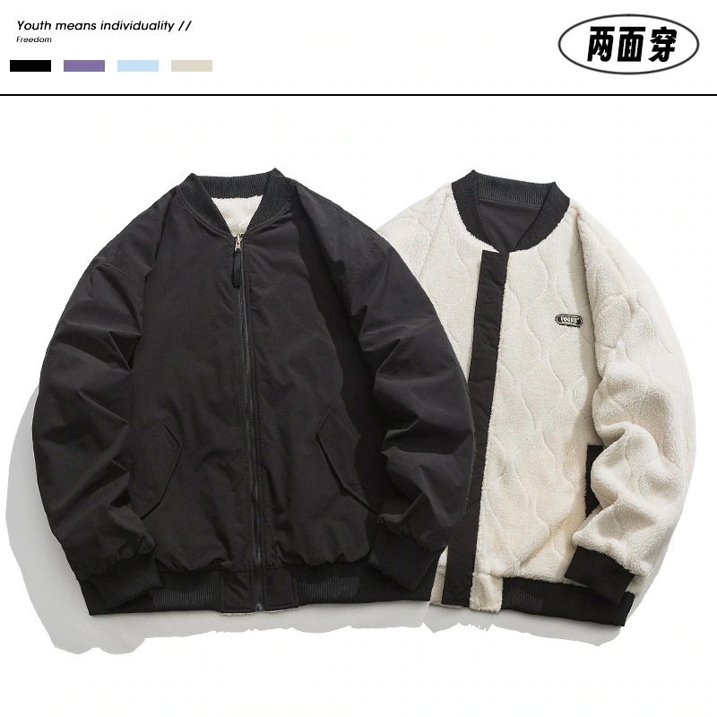 男女兼用リバーシブルラムウール中綿ジャケットベルベット厚手野球ジャケットアメリカンパイロットジャケット中綿ジャケット