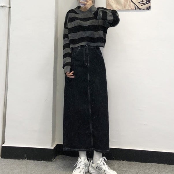 スカート ボトムス ペンシルスカート デニム ブルー ミモレ丈 ストレート カラーデニム バックスリット ワントーン 大人女子 カジュアル セクシー HIPHOP スポーティー お洒落 おしゃれ lb