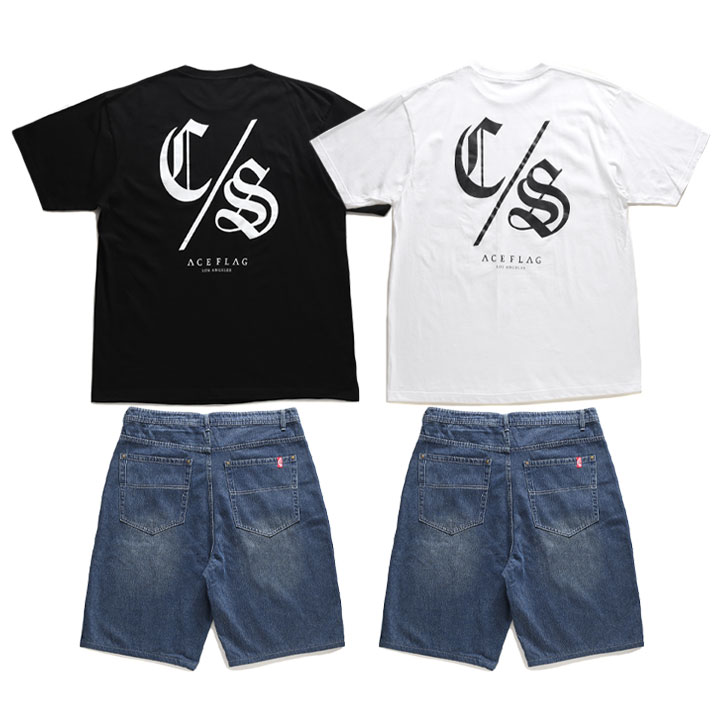 ACE FLAG 上下セット 半袖 ブランド C/S コンサフォス CS Tシャツ デニム ハーフパンツ 上下 メンズ 春夏用 黒/白 大きいサイズ エースフラッグ