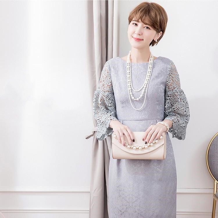 パーティードレス ワンピース 結婚式 お呼ばれ 体型カバー パーティー ドレス 大きいサイズ ミモレ 膝下 レース シンプル きれいめ フォーマル ダマスク