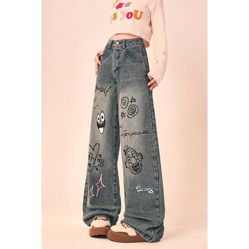 青い落書きジーンズ女性秋冬アメリカ痩せペンダント感ゆるいストレートワイド脚長ズボン