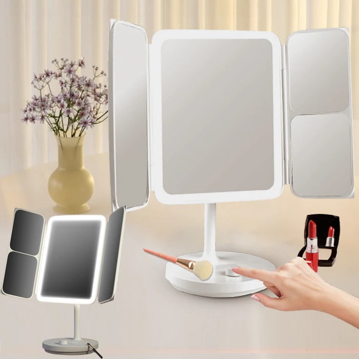 女優ミラー　76個ＬＥＤ 時計付き 三面鏡 卓上ミラー ライト付きミラー メイクアップ スタンドミラー 充電式 角度調整 母の日 プレゼント 化粧鏡 2400mAh大容量