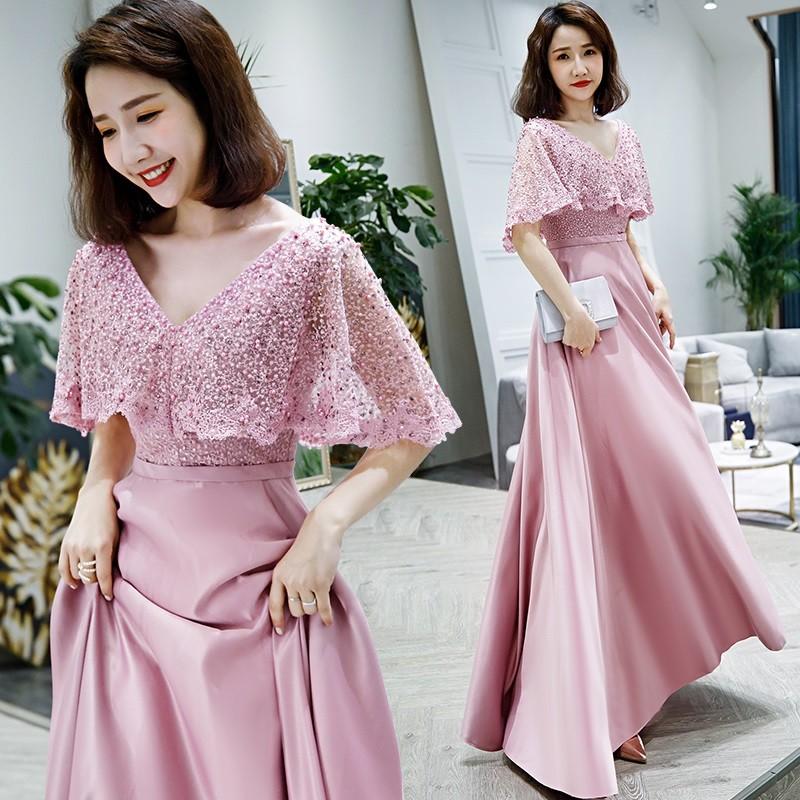 ロングドレス aラインワンピース パーティードレス フレア袖 ウエディングドレス カラードレス 上品 結婚式ドレス ピアノ 発表会 お呼ばれ 二次会 披露宴 演奏会-718