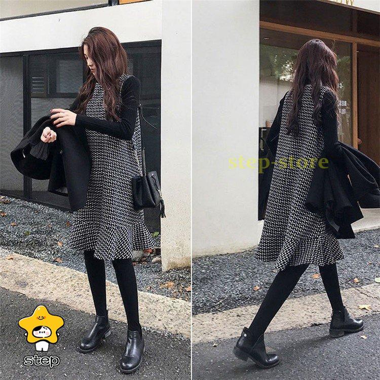 チェック柄 最短出荷 2点セット 冬 秋 セーター 上品 スカート40代 レディース 韓国風 オシャレ OL 体型カバー206 ニットワンピース セットアップ 長袖トップス 通勤
