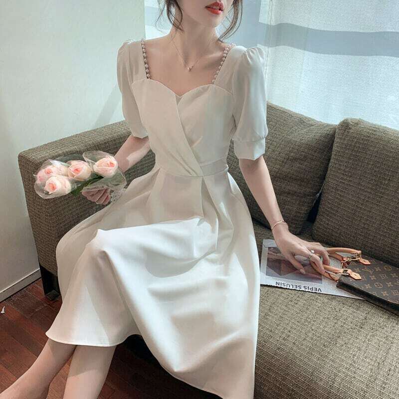 レディース ワンピース パール ハートネック ３色展開 パフスリーブ 無地 Aライン ホワイト ブラック ワインレッド 大人可愛い ママコーデ ママファッション オルチャンファッション 人気 ト