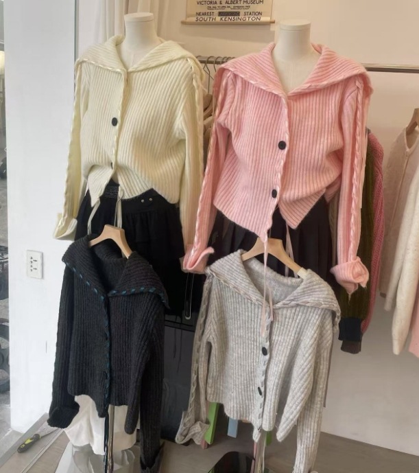 秋冬新作リボンラペルニットカーディガンレディースネイビーカラー柔らかくて粘り気のある気質セーターレディース347