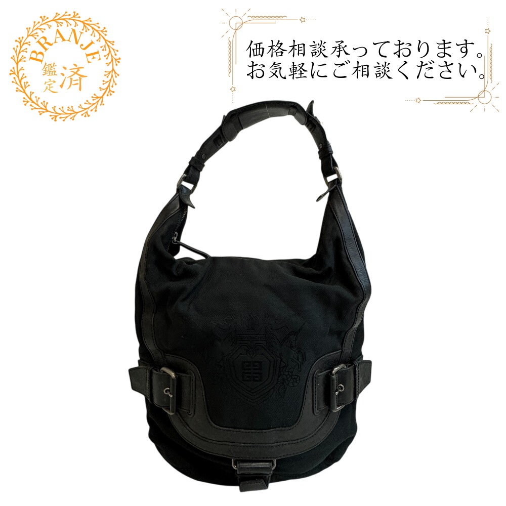 ロゴ刺繍 キャンバス ショルダーバッグ ブラック