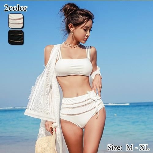 【グラシア】 水着 ビキニ レディース ビーチウェア スイムウェア 流行 海 プール 立体的 ストール オルテガ柄 シック ストライプ シアーライン 刺繍 バンドゥ ビキニ 華やか シアー ブラック