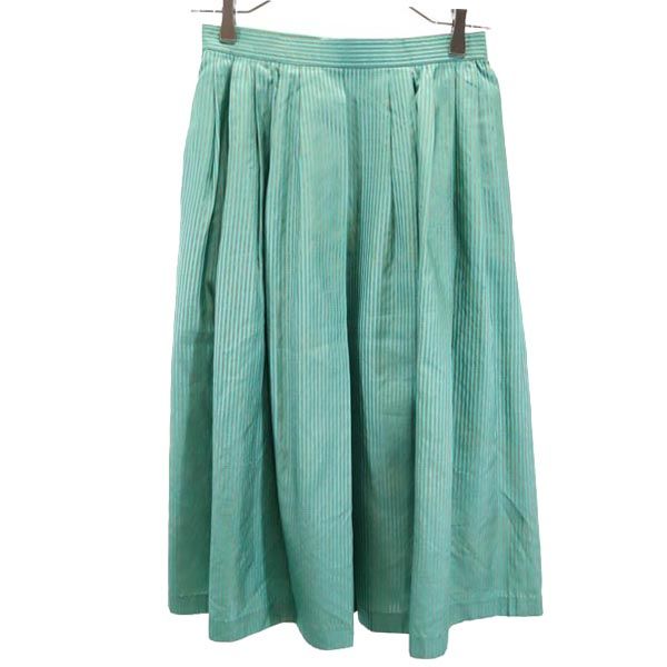 80s 90s ヴィンテージ ストライプ ミディ丈 プリーツスカート M グリーン レディース