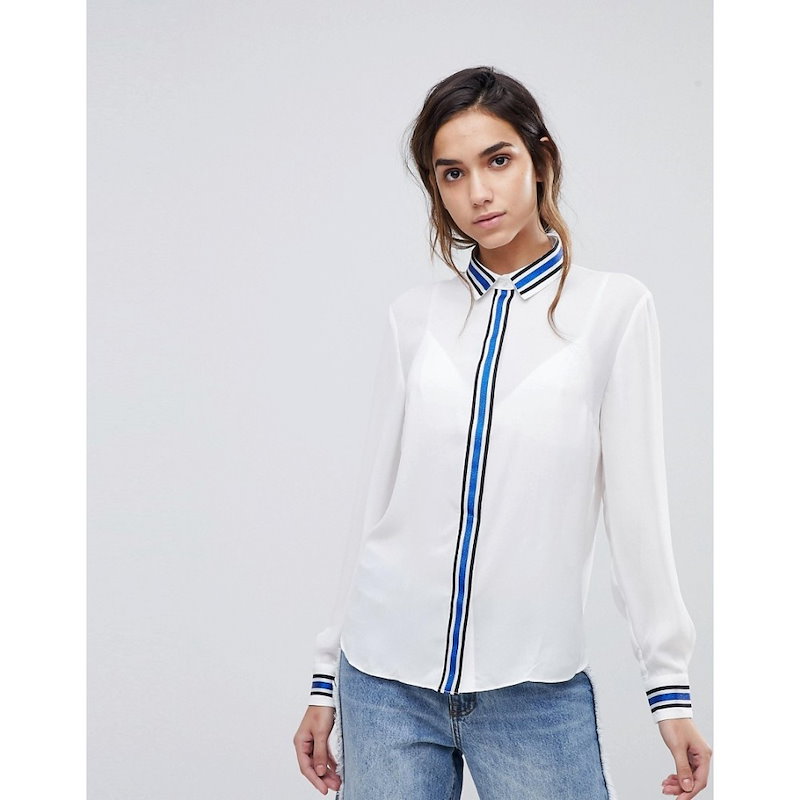 シスレー レディース トップス ブラウス・シャツ【Sisley Blouse With Contrast Colour Trims】White シスレー レディース トップス ブラウス・シャツ【Sisley Blouse With Contrast Colour Trims】White