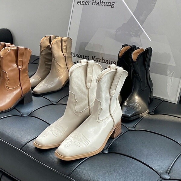 ショートブーツブーツ ウエスタンブーツ リネン スクエアトゥ