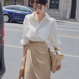 レディース 2点セット トップス ボトムス シャツ 白シャツ 長袖 プルオーバー ハーフボタン 角襟 ポケット スカート タイトスカート ミディアム丈 ウエストマーク かわいい 大人可愛い