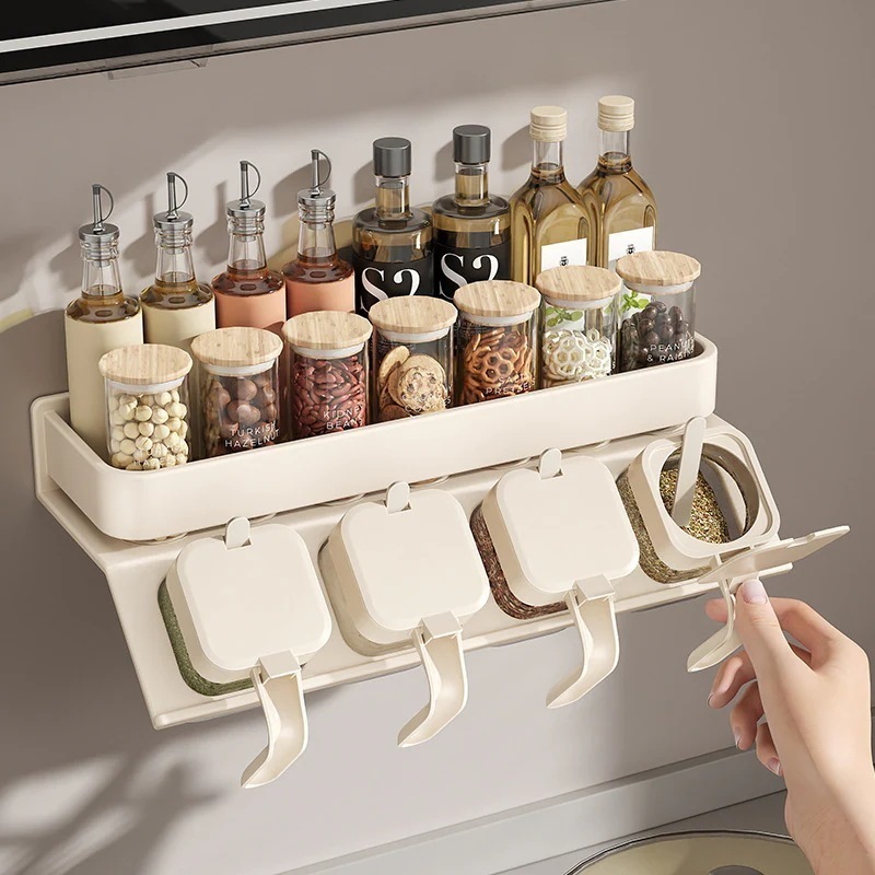 [即納]いまだけの超SALE！ キッチンスパイスボックスラック壁掛けパンチフリー多機能家庭用調味料ラック瓶収納アーティファクト 品質良い! 4,663円