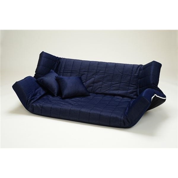 低反発 リクライニングソファー/ローソファー 2人掛け デニム生地 インディゴ 肘付き 同色クッション2個付き 日本製