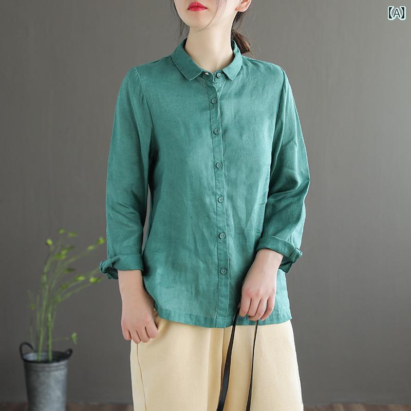 レディース　　シャツ　トップス レトロ 長袖 リネンシャツ 女性用 2024年 初秋 無地 シャツ コットンと リネンの カジュアル トップス