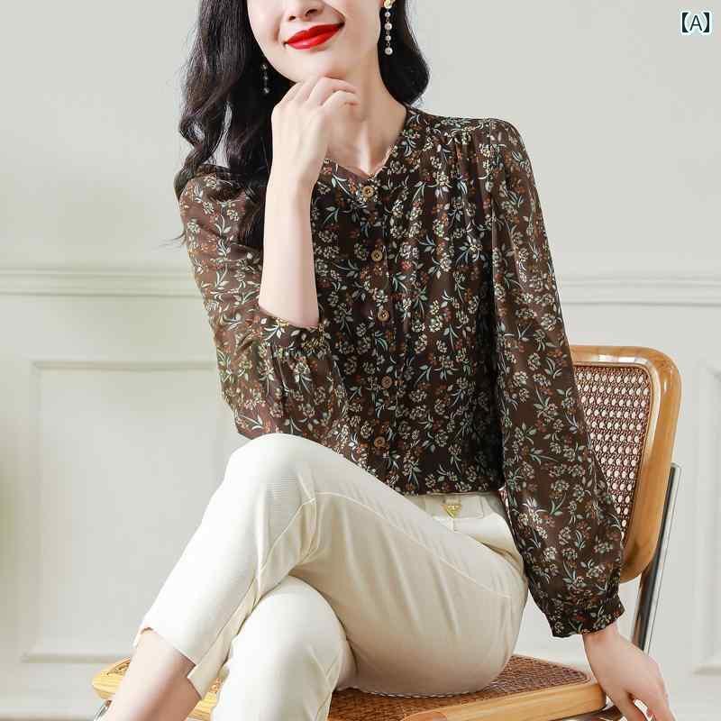 レディース　シャツ　トップス 蘇 州と 杭 州の 女性用 高級 シルクシャツ 秋用の 長袖 スタンドカラー 花柄 ブラウス マルベリー シルク トップス