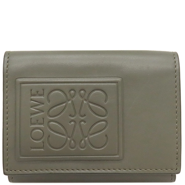 ロエベ LOEWE 三つ折り財布 トライフォールド ウォレット サテンカーフ カーキグリーン シルバー金具 小銭入れ 札入れ コンパクト C565TR2X04 【箱】【中古】