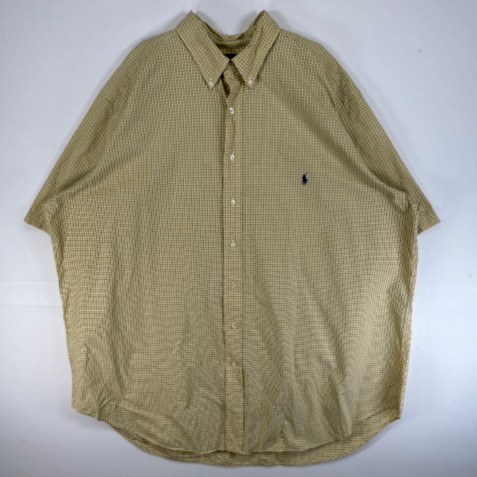 古着 半袖シャツ 大きいサイズ ロゴ 刺繍 ボタンダウン 2XL イエロー チェック メンズ