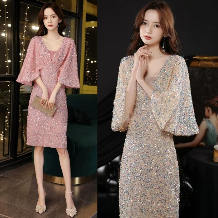 結婚式 ワンピース ドレス 袖あり レディース エレガント きれいめ フレアスリーブ ひざ丈 大人 可愛い 五分袖 フェミニン スパンコール Vネック 体型カバー パーティー フォーマル セレモニー