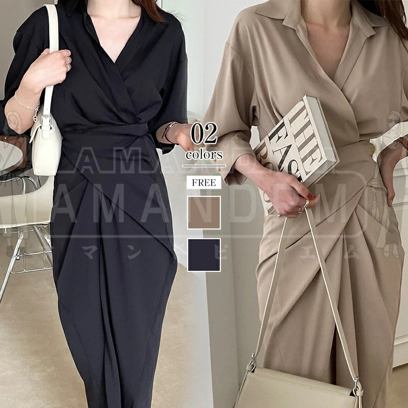 【即納】ワンピース レディース きれいめ 春 夏 Aラインワンピース ロングワンピース ドレス Vネック ウエスト絞り 長袖 デザイン マキシ丈 春秋ワンピース ガーリー 着痩せ 体型カバー Aライ