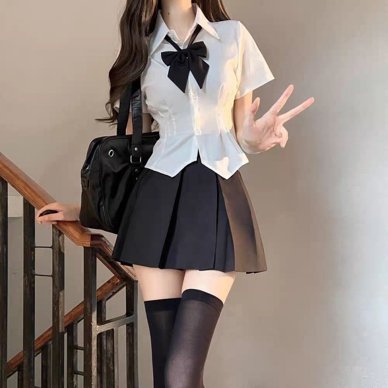 【1つ買うと10つ無料】夏の小さな大学スタイルの女性のための甘いjkユニフォームスーツスリムウエストシャツシャツプリーツスカート