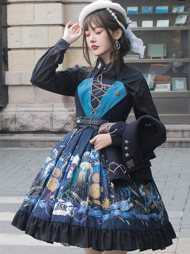 【短納期】クラシックロリータJSKドレス　ダークネイビー　ノースリーブ　PU　レースアップ　スウィートロリータジャンパースカート