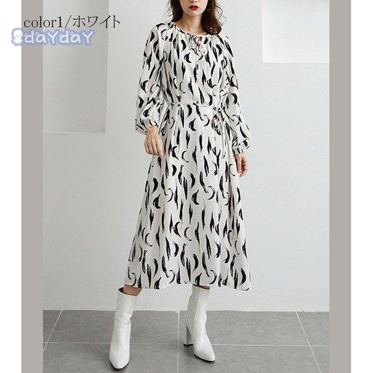 ワンピース ロングワンピ ワンピ タンクワンピース レディース マキシ丈 長袖 リボン おしゃれ きれいめ 体型カバー ふかふか 柄 30代 40代 50代