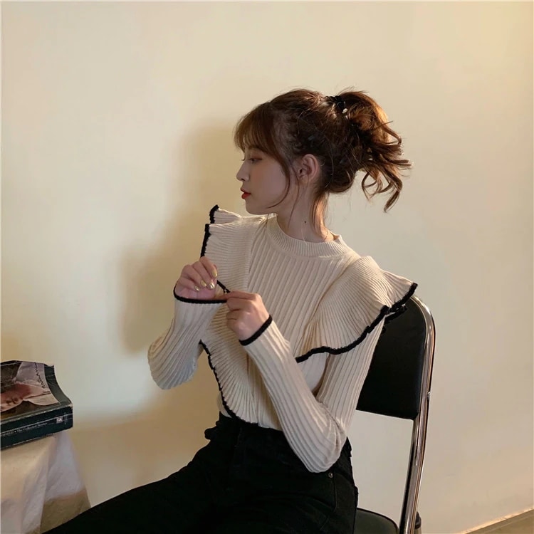 秋冬コーデにぴったり2023 秋季 新品 おしゃれな 早い者勝ち 長袖 ニット 学生 フリル 可愛い スリム 百掛け INSスタイル トップス ニットトップス
