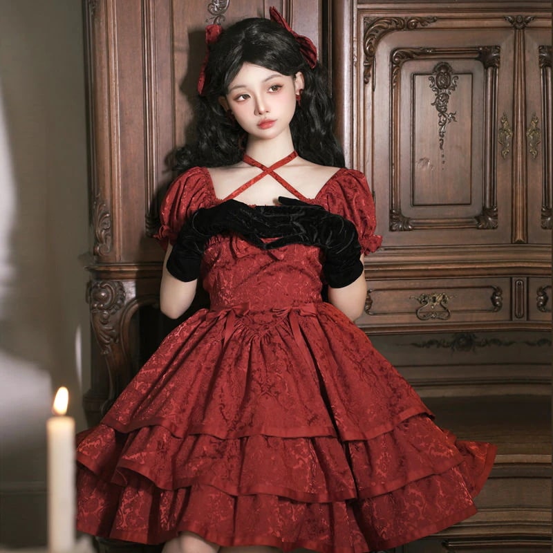 夏服新作 jskキャミソールスカート 可愛い ロリータ 二次元 ワンピース メイド 洋装 半袖 op日常 三段ポンポンスカート 花嫁 茶会