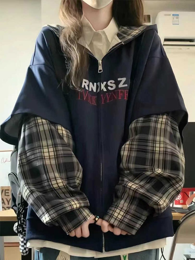 （ライトなし） アメリカンレトロなフェイクレイヤードチェック柄フード付きスウェットシャツ女性用春秋向けリラックススタイル年長児・中学生・高校生向けアウター