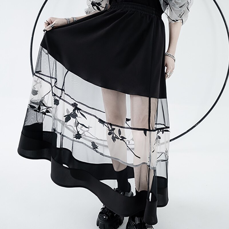 切り替えスカート 黒 チュールスカート ロング Aライン 薔薇刺繍 フレア ウエストゴム ハイウエスト セクシー