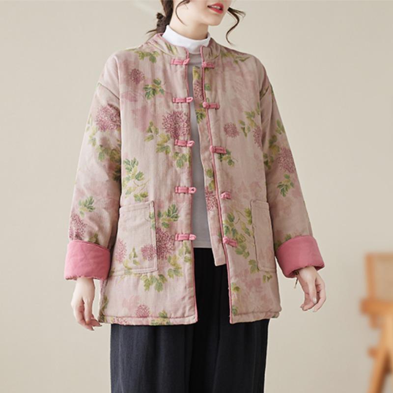 秋服 レディース ファッション オシャレ カワイイ シンプル 大人カワイイ 大きいサイズ 唐 スーツ 挨拶 綿 コート 秋冬 プリント ク ボタン キルティング 綿 ジャケット