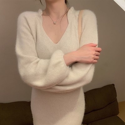 ワンピース 袖あり 長袖 Vネック 大人女子 無地 秋 冬 クリスマス バレンタイン 10代 個性的 ホワイト ブラック レッド ブルー ピンク グリーン S M L XL 2XL こなれ感