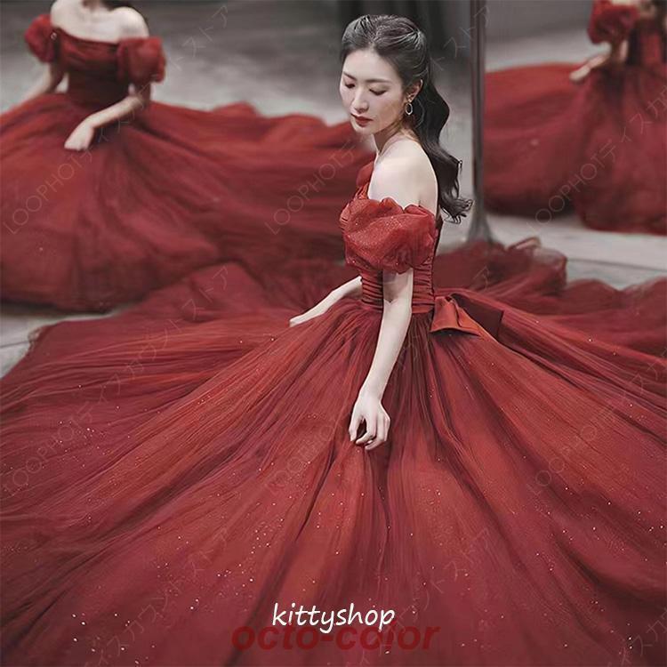 結婚式ドレス 二次会ドレス ゲストドレス ワイン赤 パフスリーブ プリンセスドレス ロングドレス イブニングドレス 発表会ドレス Aライン パーティードレス-26 9,475円