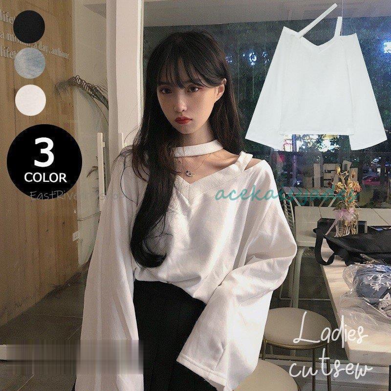 【2025新作SALE】カットソー 長袖 レディース トップス プルオーバー Vネック チョーカーネック 肩出し アシンメトリー ワイドスリーブ 無地 シンプル シック セク
