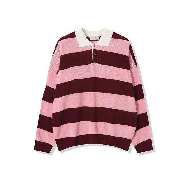 メンズ秋配色ストライプカラーネック長袖ニットTシャツ AC-KN-Q61-ピンク
