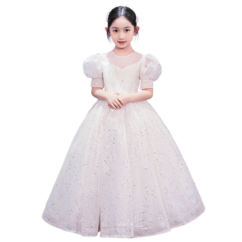 女の子 ワンピース ドレス 子供 キラキラドレス ホワイト 半袖 ウェストリボン スパンコール付き