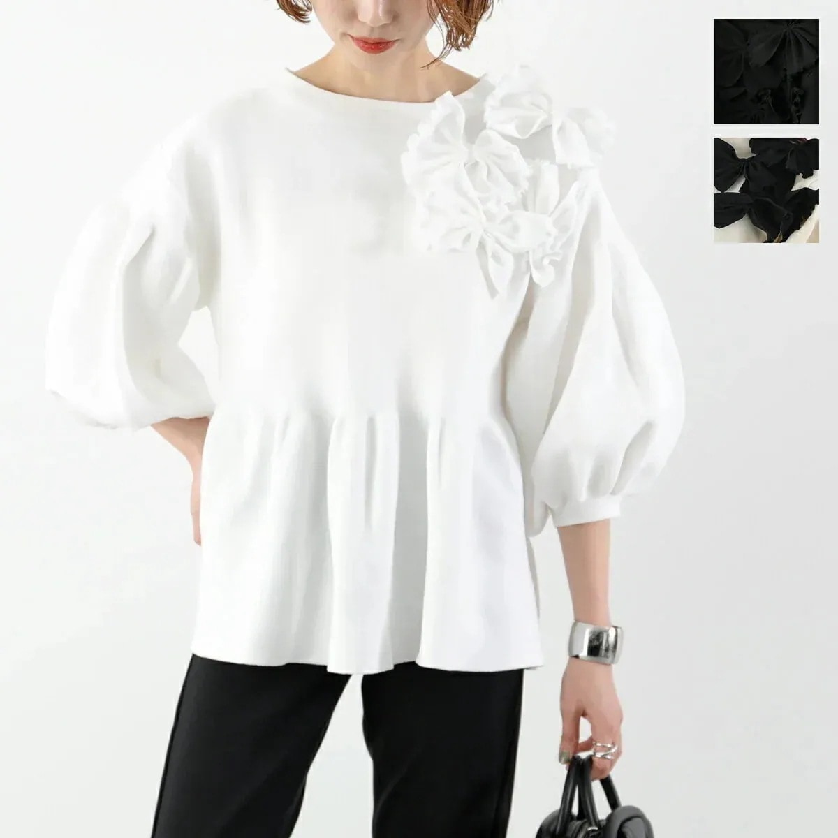 anana アナナ ニット トップス a49-001 レディース ペプラム フラワー付き ボリュームスリーブ 七分袖 3Dニット カラー3色