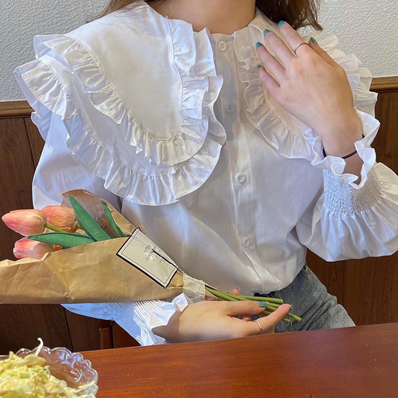 レディース トップス ブラウス 前開き 長袖 襟付き ワイド 薄手 大人可愛い きれいめ シンプル 上品 こなれ感 ガーリー 個性的 主役級 存在感 とろみ感 ラグジュアリー クラシカル